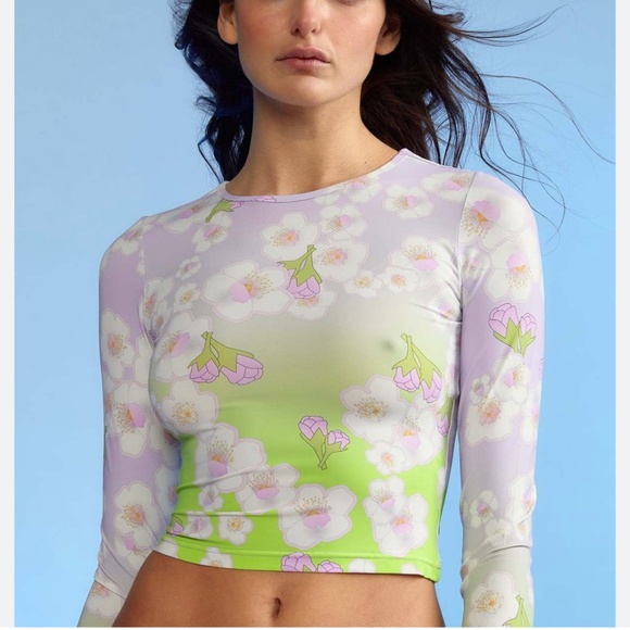 Cynthia Rowley Printed Rashguard Pink/Green Cherry Blossom Large NWT Beach Swim - Picture 2 of 16